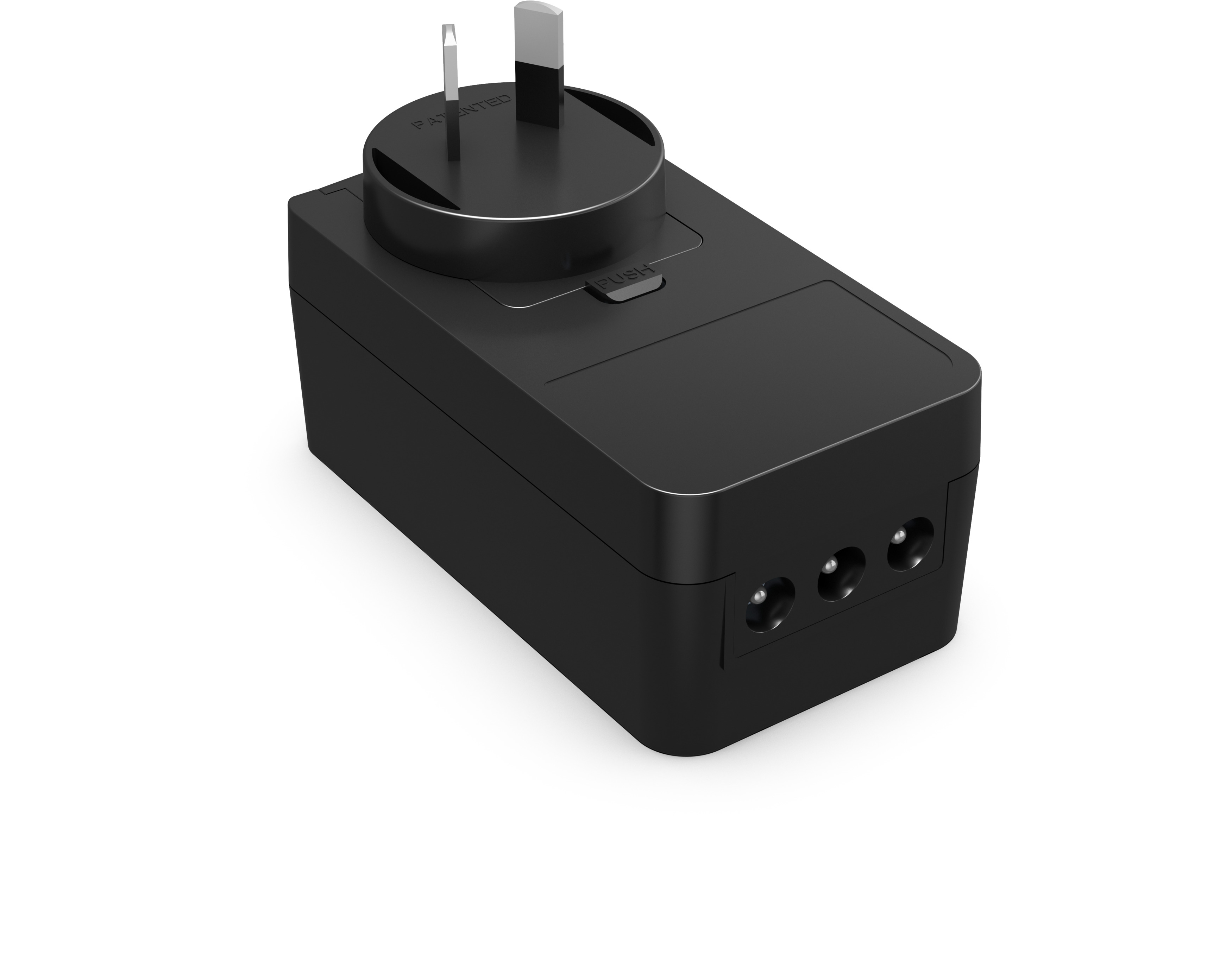 Schwarzer Netzadapter mit Stecker und drei runden Löchern auf weißem Grund.