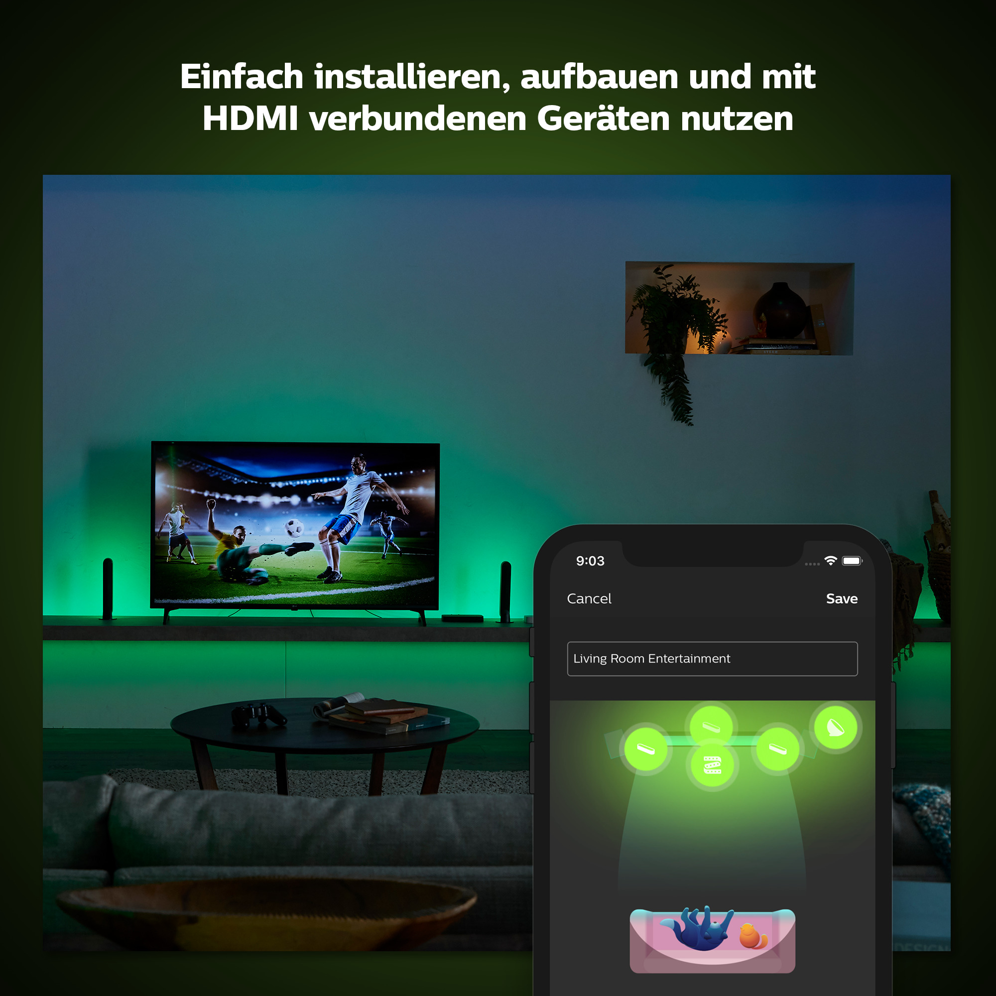 Ein Smart Home-Setup mit Fernseher, Lichtern und einem Telefon, das eine Steuerungsoberfläche anzeigt.