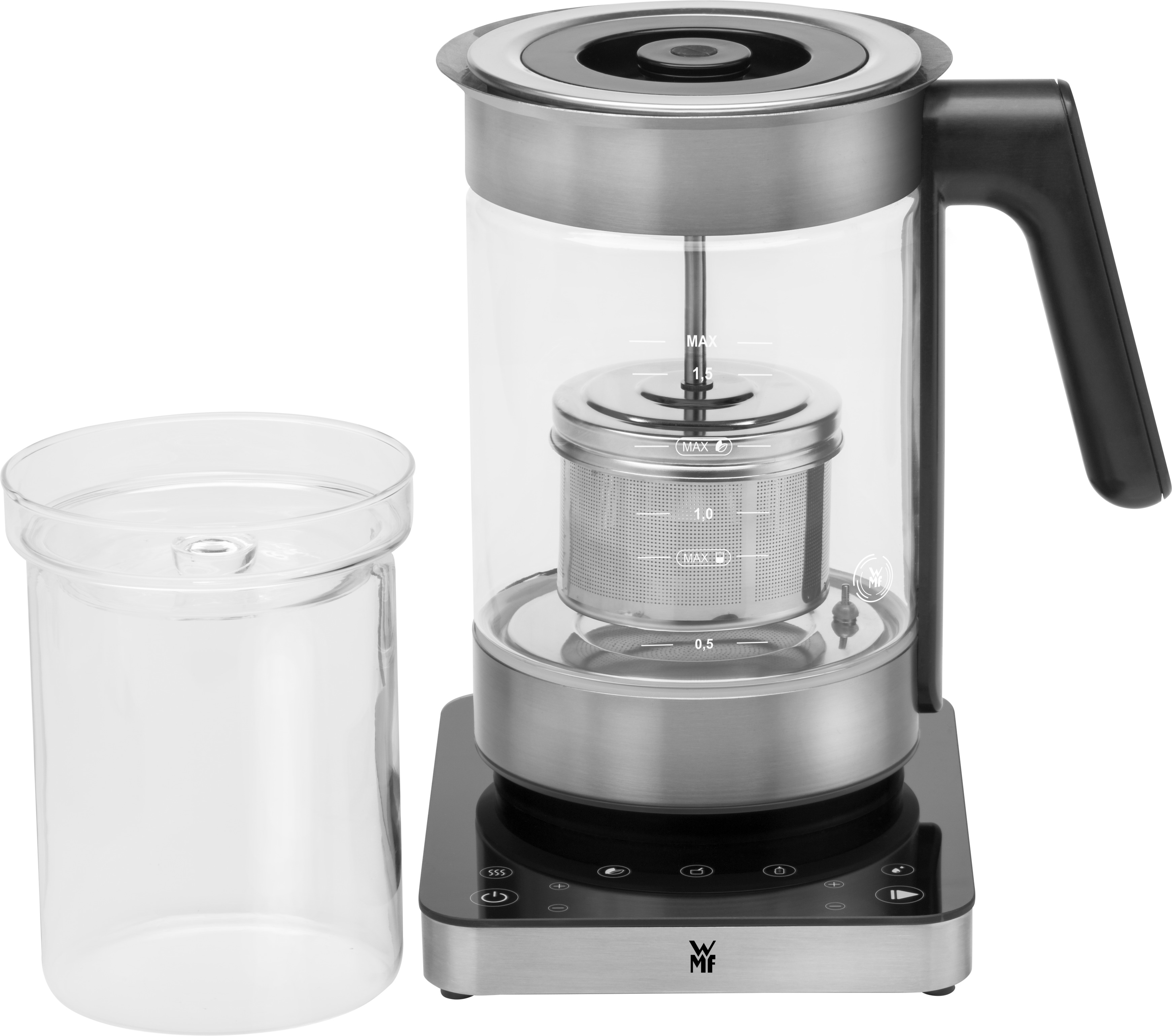 Ein Glas-Teebereiter mit silberner Basis, Tee-Infuser und einem separaten Glasbehälter.