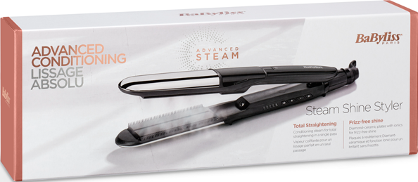 Piastra per capelli su scatola bianca. Testo: Advanced Conditioning, Advanced Steam.