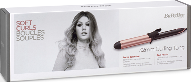 Boîte de fers à friser Babyliss, avec image de femme, détails du produit et texte.