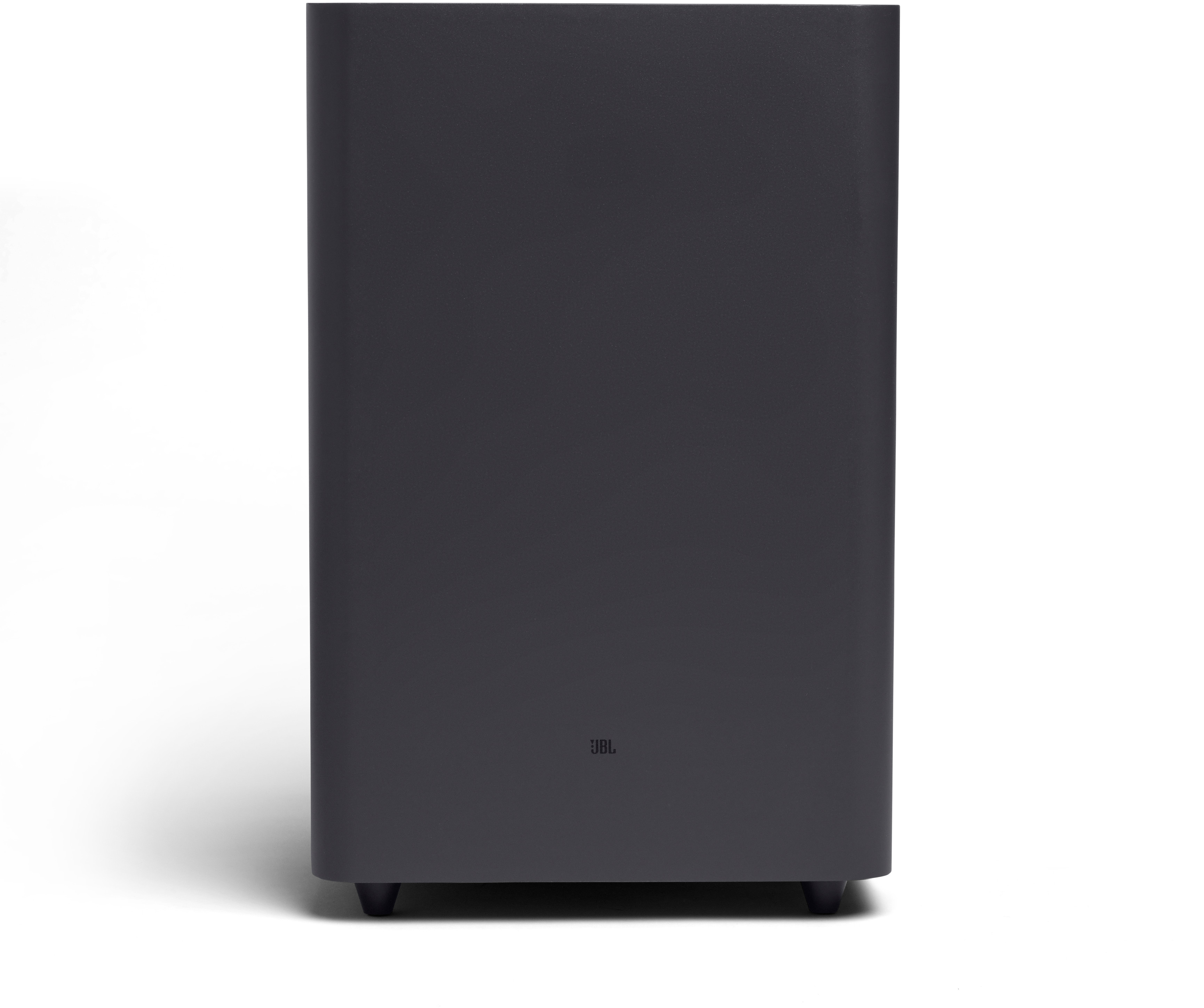 Ein dunkelgrauer Subwoofer mit Frontansicht und JBL-Logo.