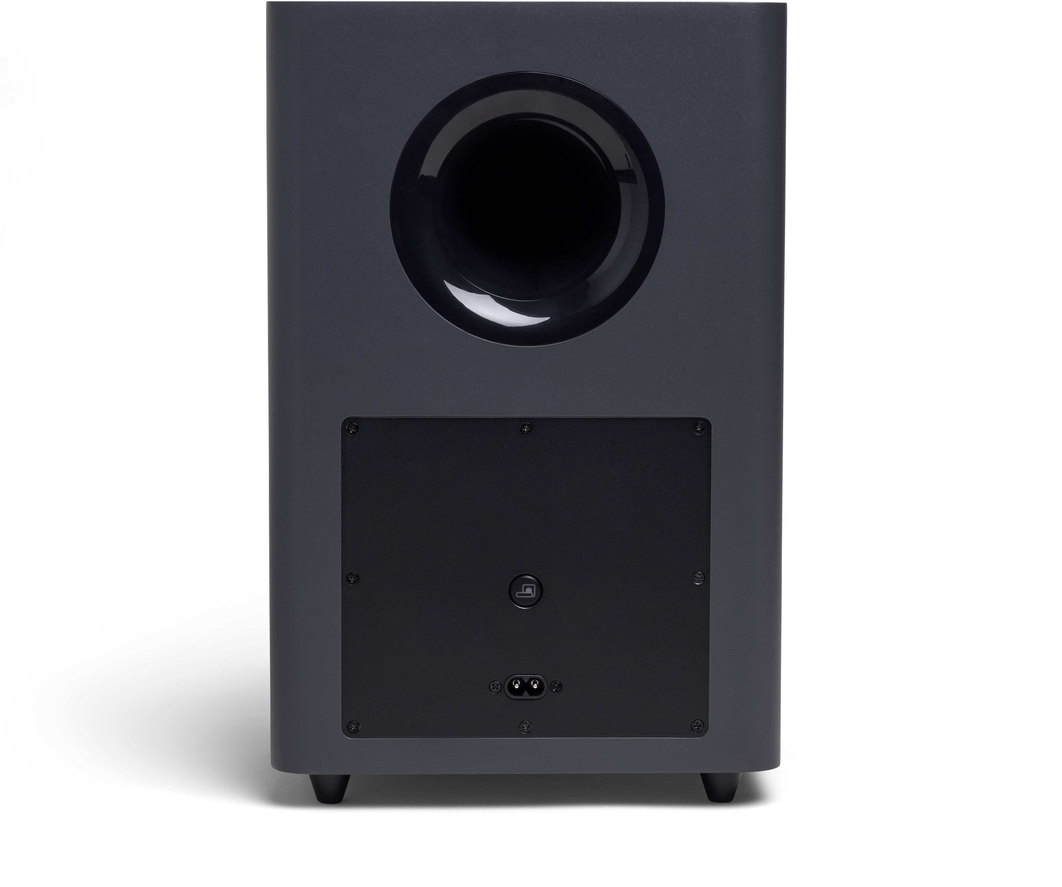 Rückansicht eines schwarzen Subwoofers mit großem Anschluss und schwarzem Panel.