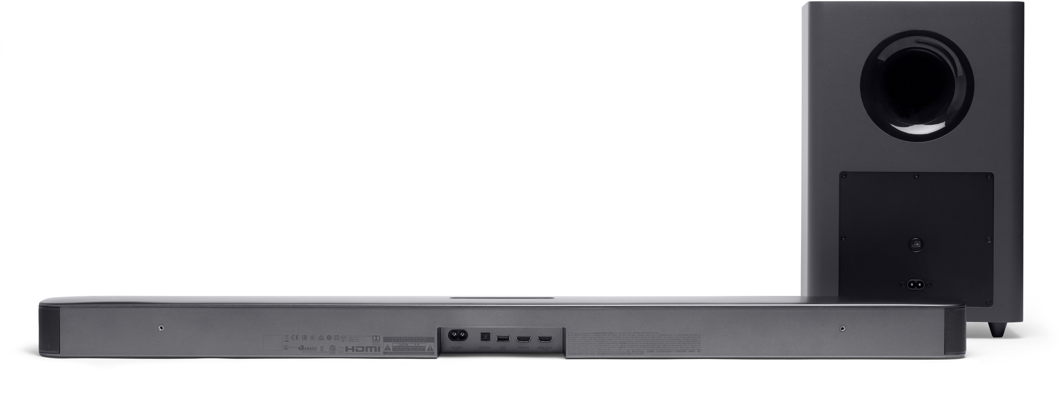 Grauer Soundbar mit schwarzem Subwoofer. Beides auf weißem Hintergrund.