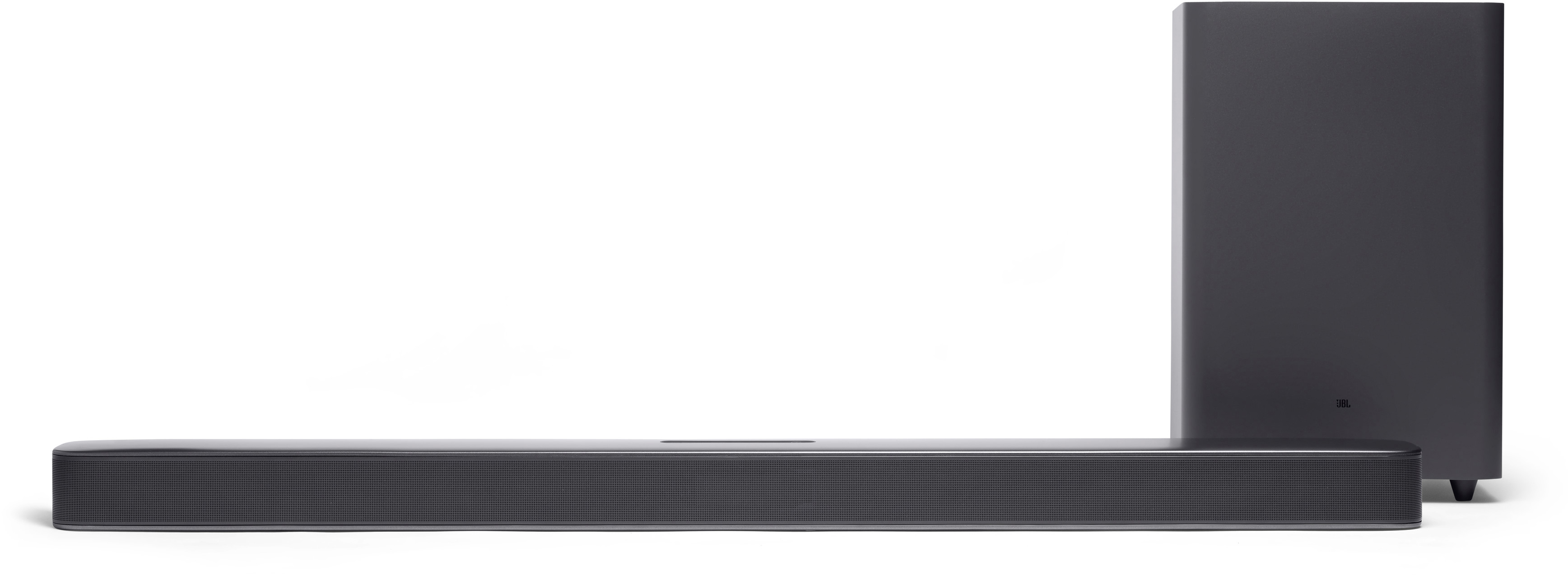Ein dunkelgrauer Soundbar und Subwoofer stehen auf weißem Hintergrund, JBL-Logo sichtbar.