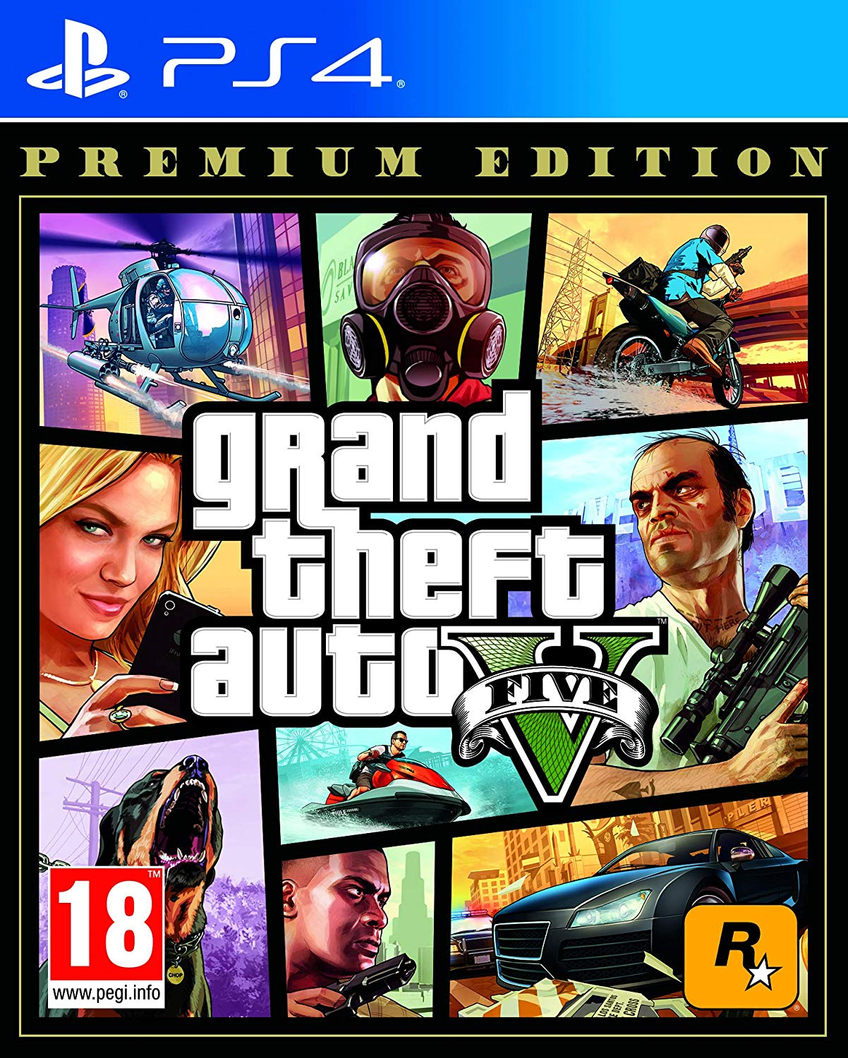 Grand Theft Auto V PS4-Spielcover mit mehreren Actionszenen und einem markanten 'V' Logo.