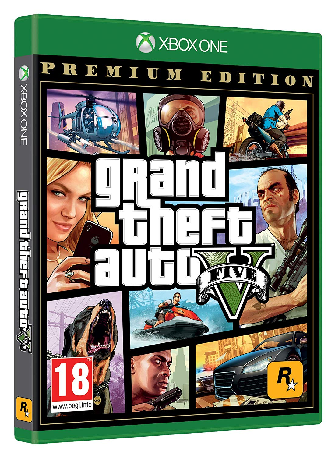 Grand Theft Auto V Spielbox, grün mit Bildern von Charakteren und Fahrzeugen auf der Vorderseite.
