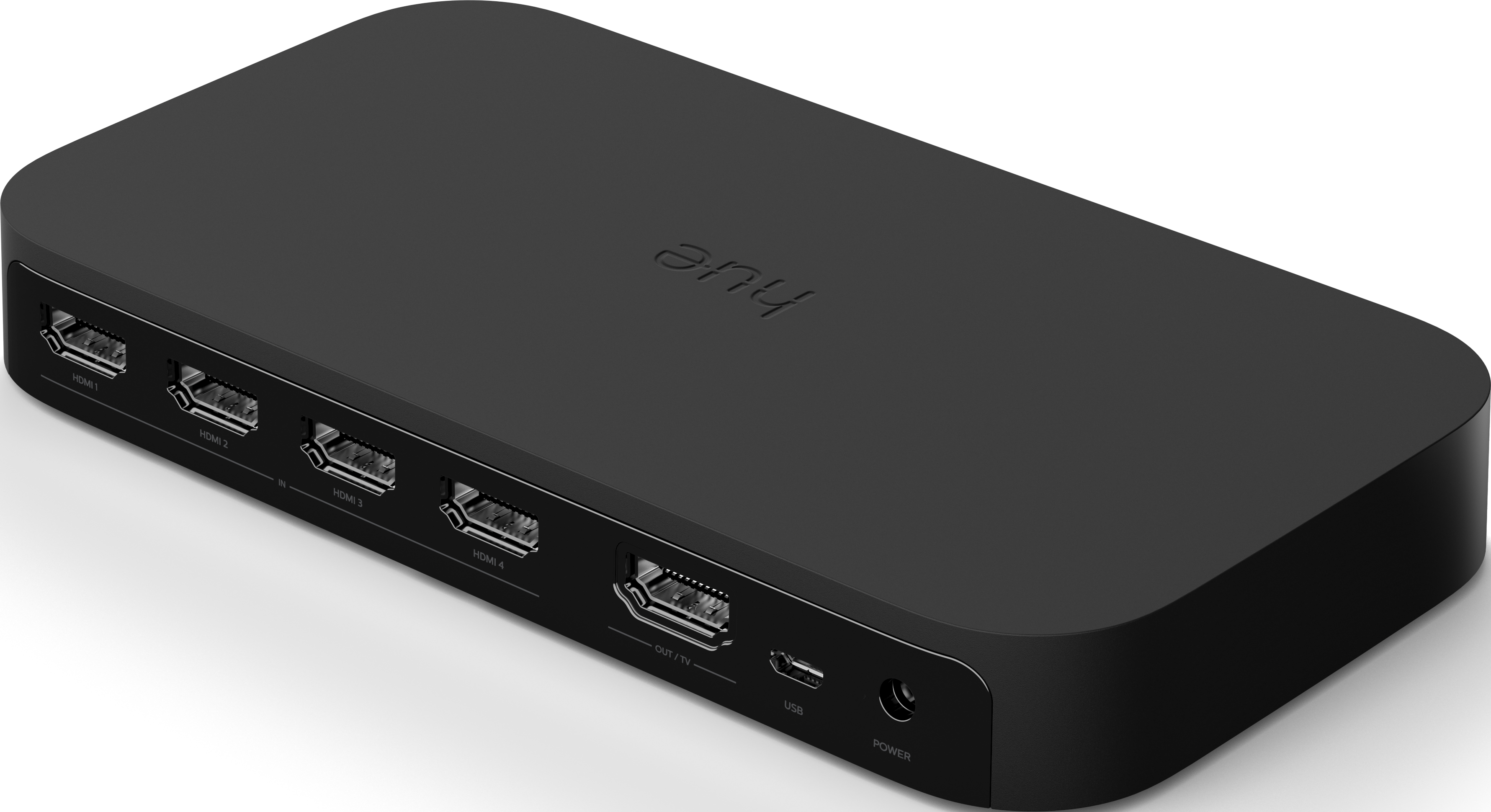 Schwarzer Hub, mit 4 HDMI-Eingängen, 1 HDMI-Ausgang, USB und Stromanschluss.