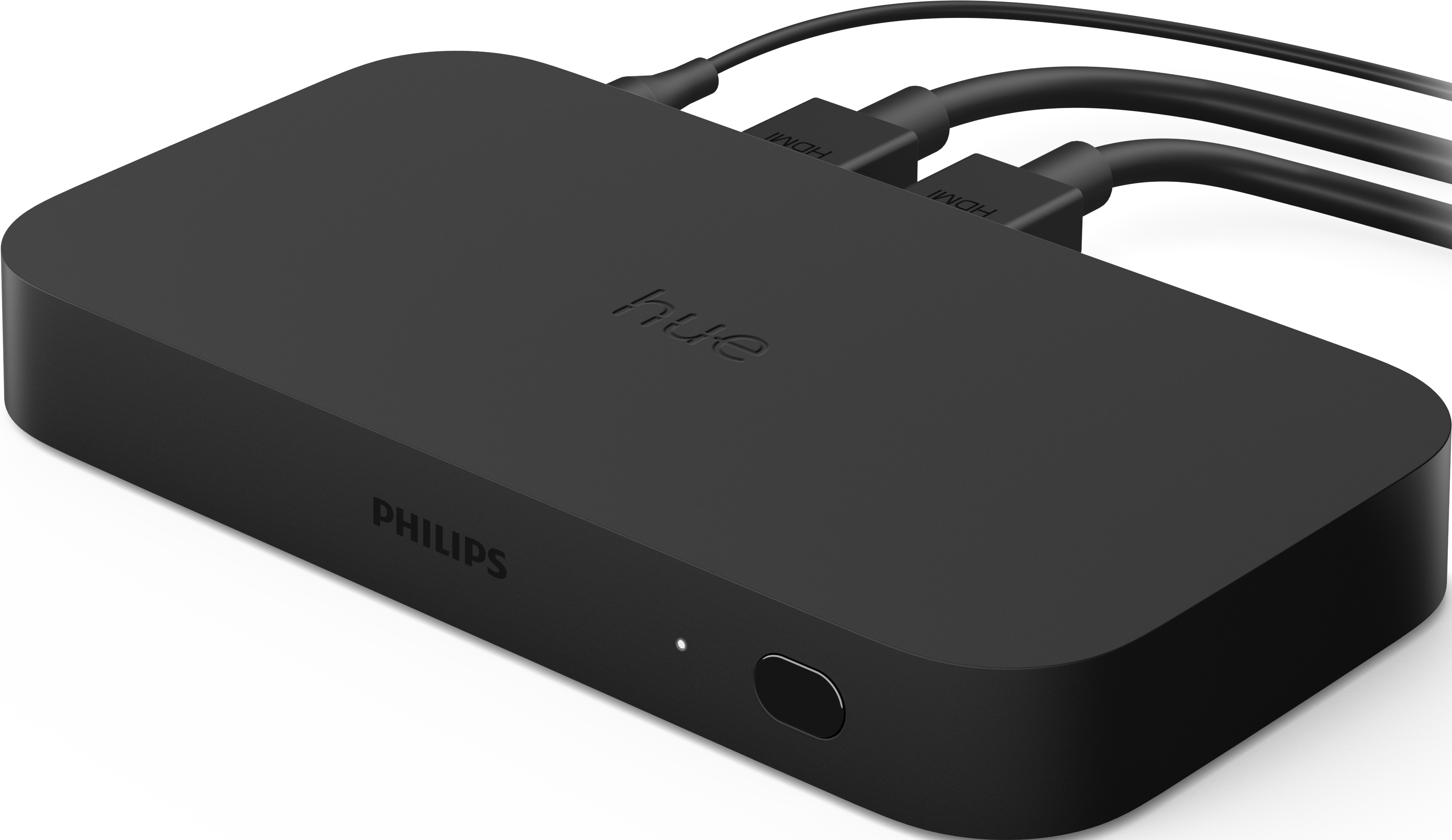 Schwarze Philips Hue Play HDMI Sync Box mit drei eingesteckten HDMI-Kabeln.