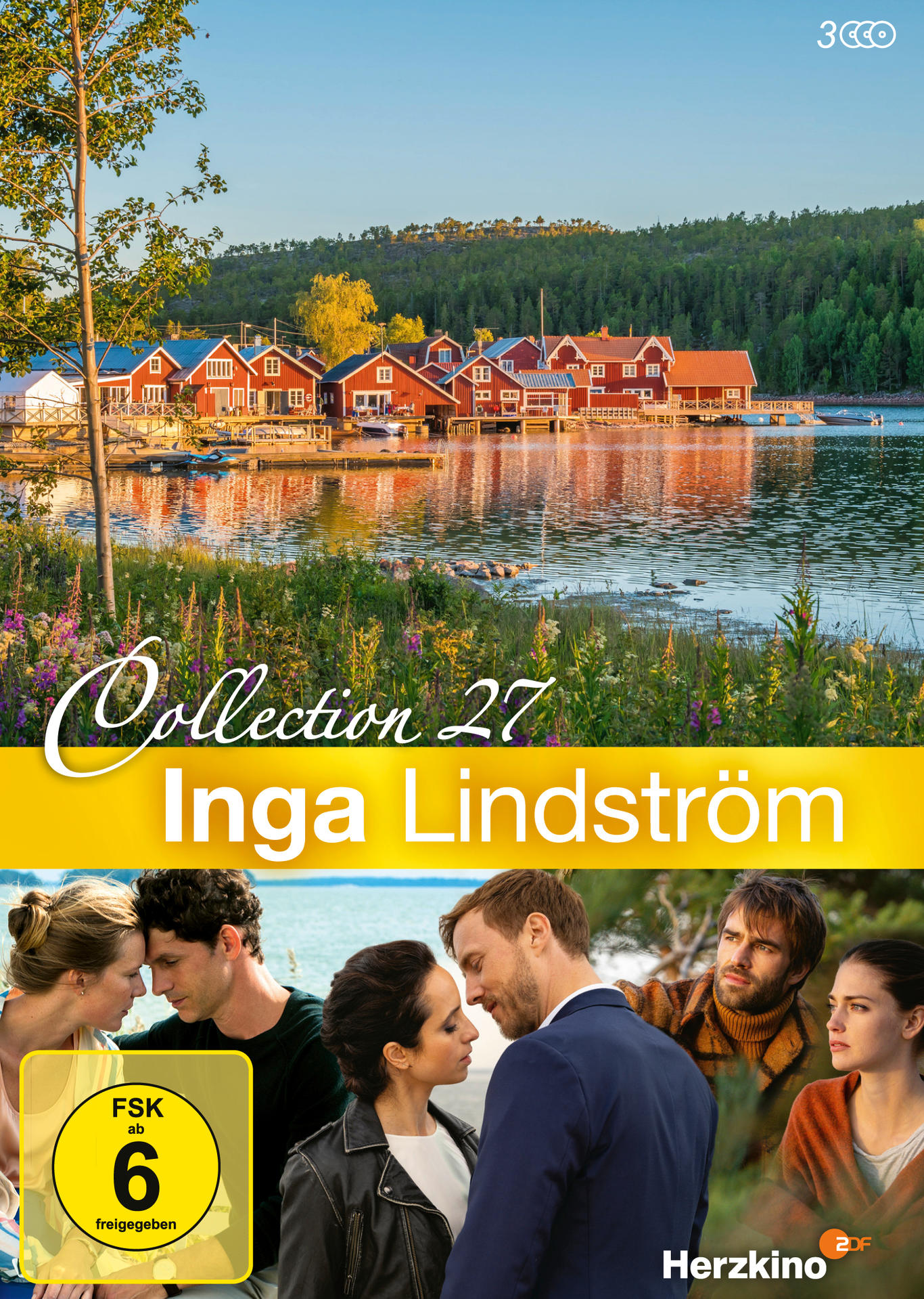 DVD-Cover: Menschen an einem See mit bunten Häusern, Titel "Collection 27 Inga Lindström".