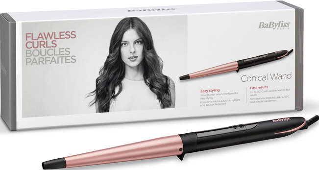 Une boîte de produit avec l'image d'une femme et les mots 'Flawless Curls'. Fer à boucler conique en or rose et noir.