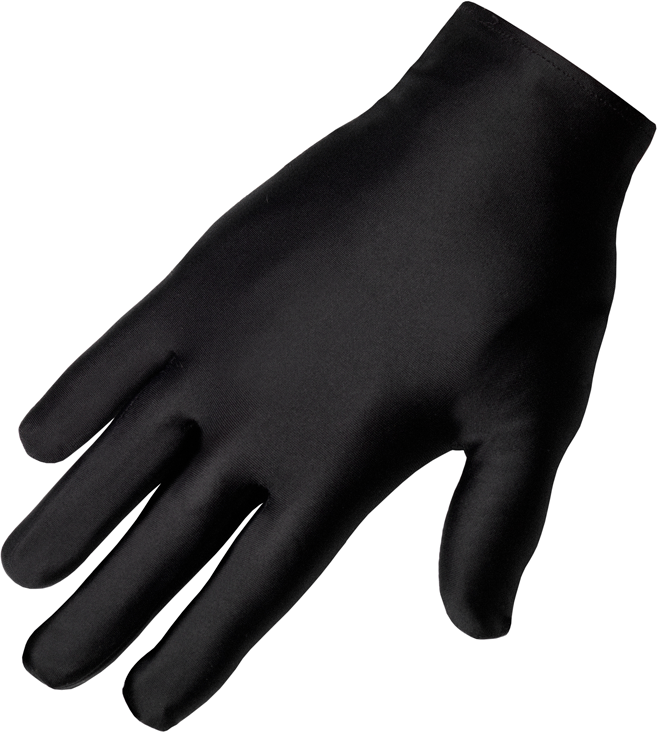 Un gant noir posé sur une surface blanche, incliné vers la droite.