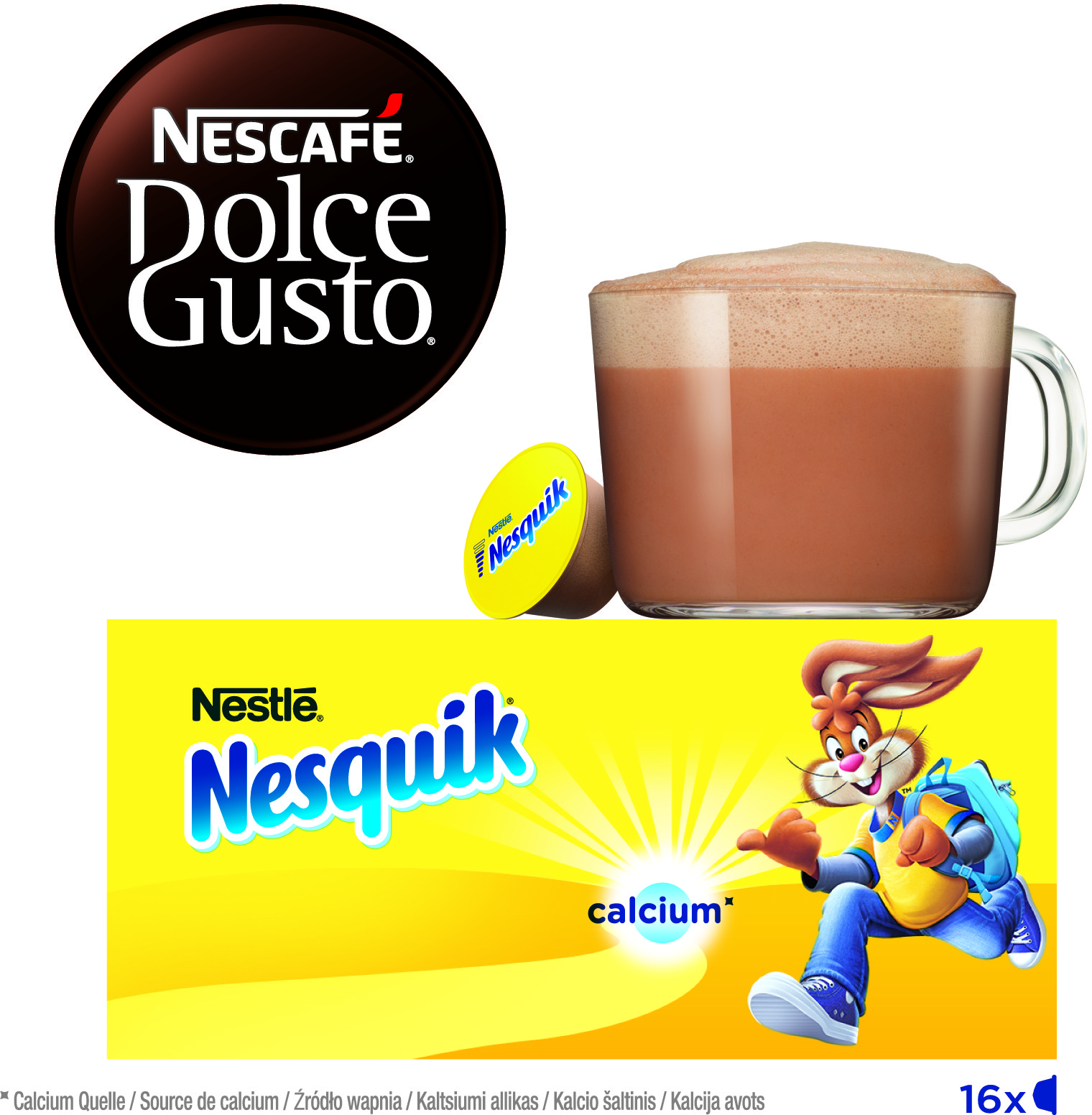 Nescafé Dolce Gusto Produkte: Kaffee, Nesquik und eine Tasse Schokoladengetränk.