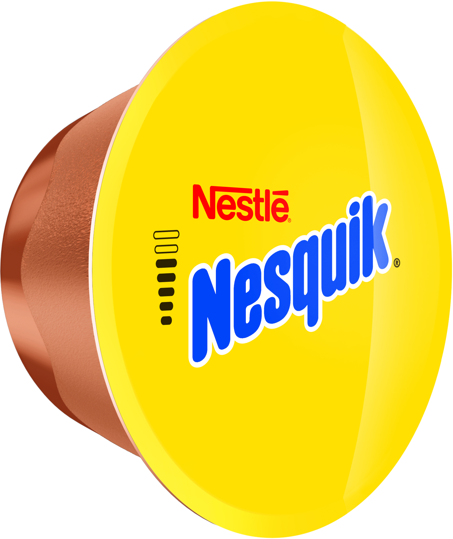 Eine gelbe und braune Nespresso-Kaffeekapsel mit dem Nesquik-Logo.