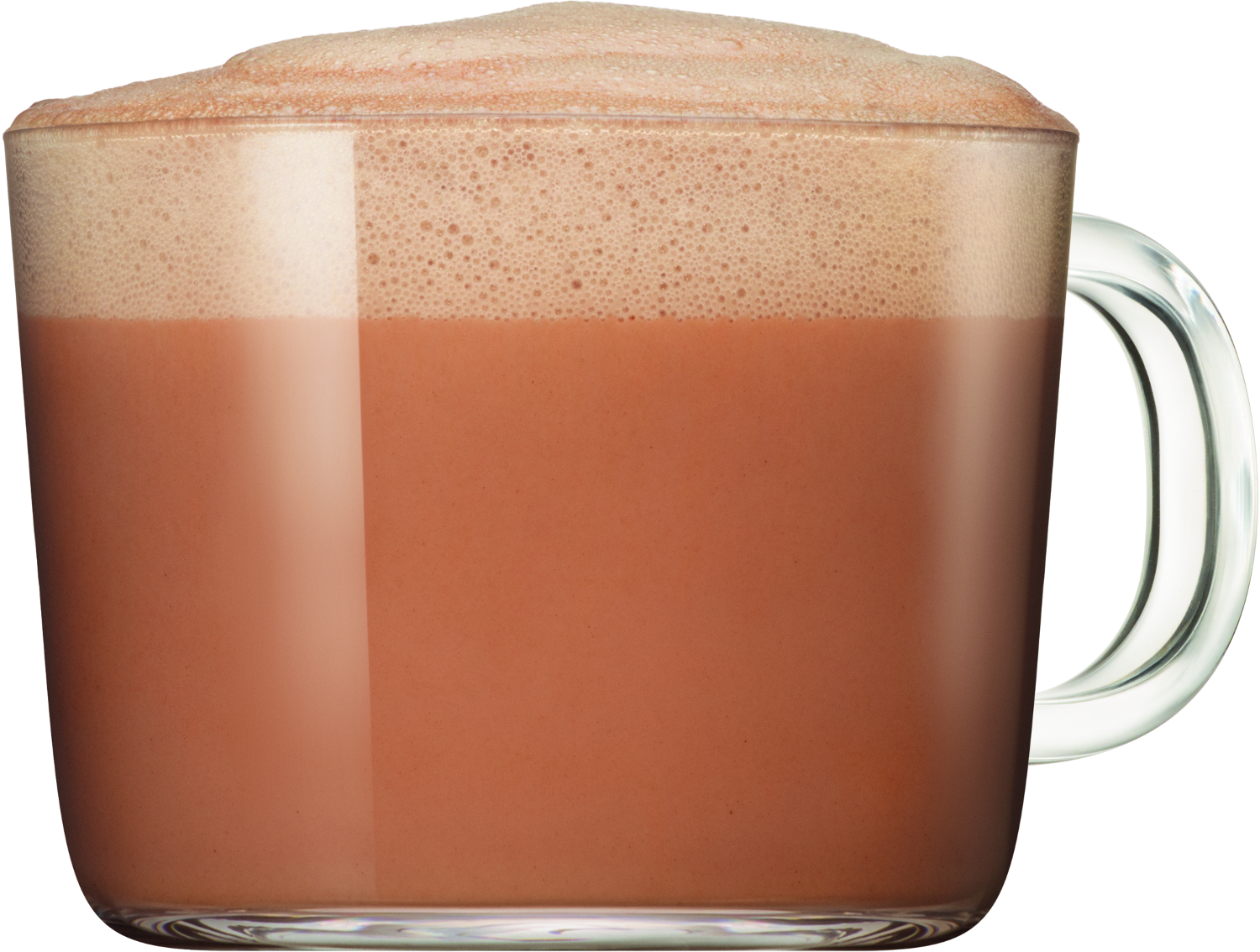 Ein Glasbecher gefüllt mit schaumiger, rotbrauner heißer Schokolade.