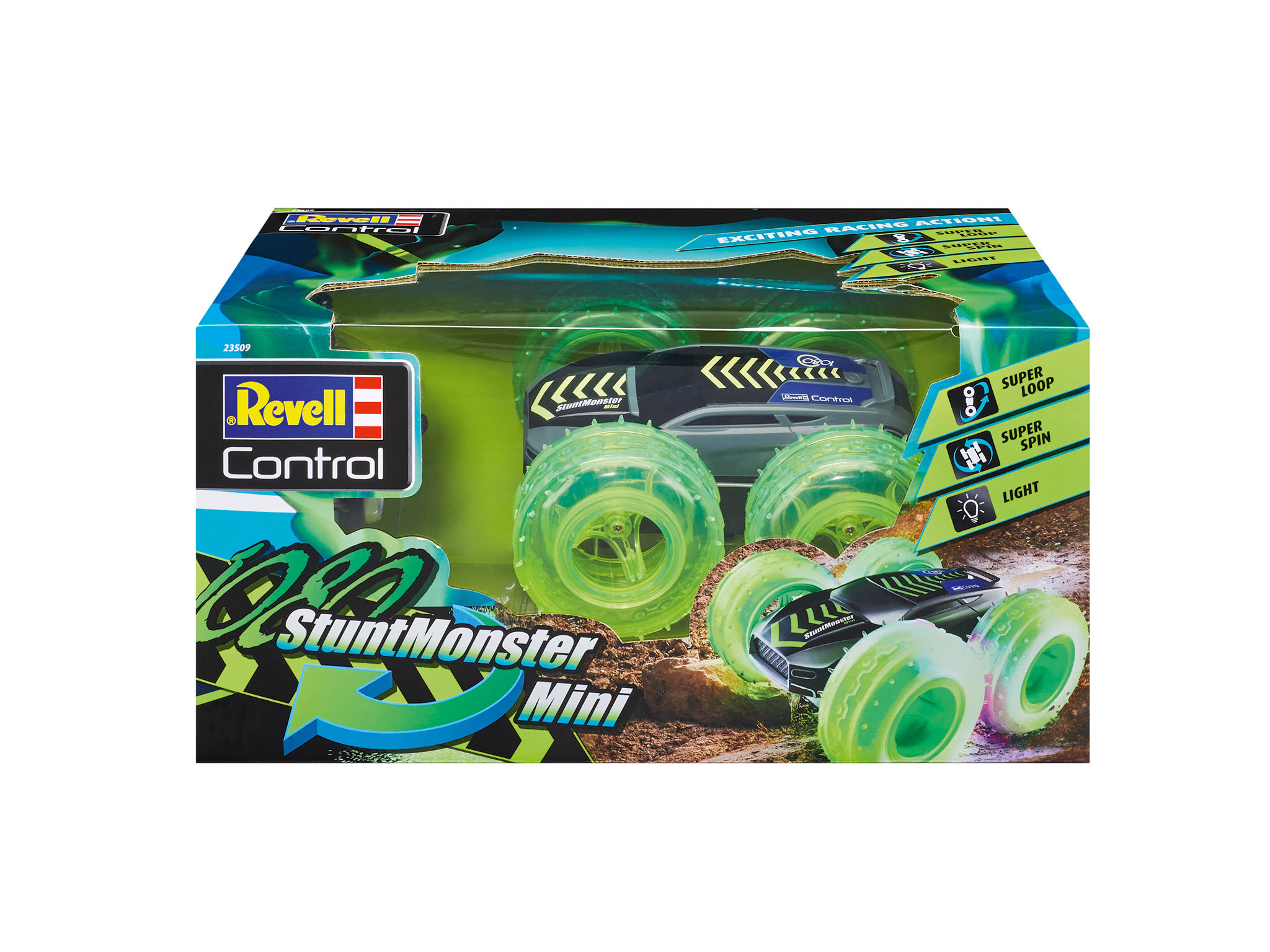 Spielzeugauto in einer Box. StuntMonster Mini, mit grünen Rädern und Aktionsbeschriftungen.
