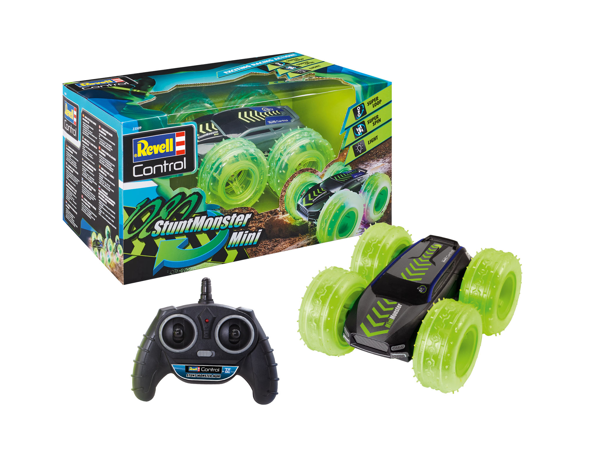 Ein Revell Stunt-Auto-Spielzeug mit Fernbedienung. Das Auto ist schwarz und grün mit leuchtenden Rädern.