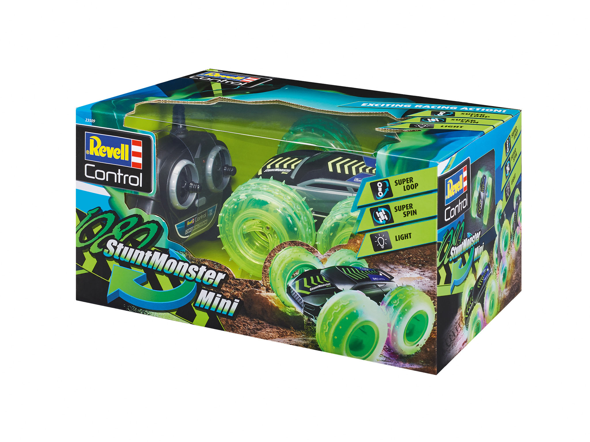 Eine Spielzeugauto-Box mit einem schwarz-grünen Stunt-Monster-Auto. Weißer Hintergrund.