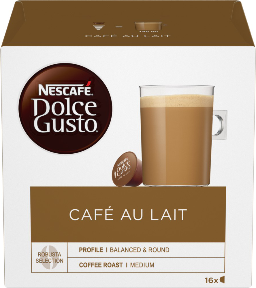 Boîte Nescafe Dolce Gusto Cafe Au Lait et une tasse avec une boisson.