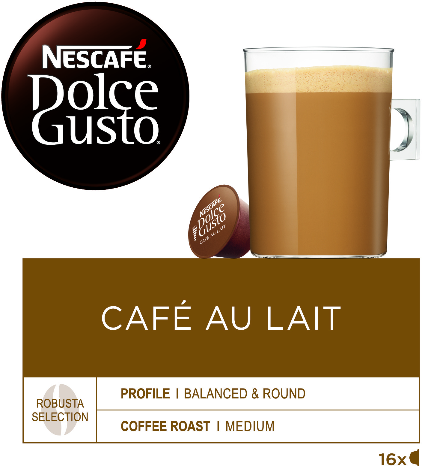 Capsule de café Nescafe Dolce Gusto avec une tasse de café au lait et des informations sur le produit.