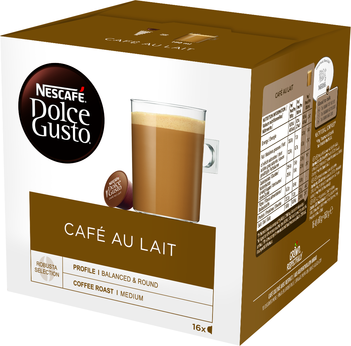 Boîte de café, 'Café au Lait' de Nescafé Dolce Gusto. Image de tasse à café. Boîte marron et blanche.