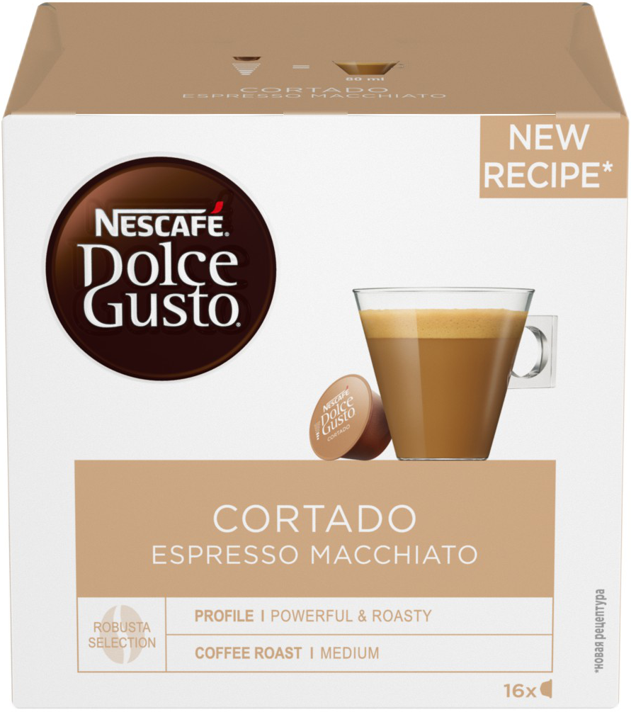 Boîte Nescafe Dolce Gusto Cortado Espresso Macchiato. Tasse à café et dosettes. Fond blanc.