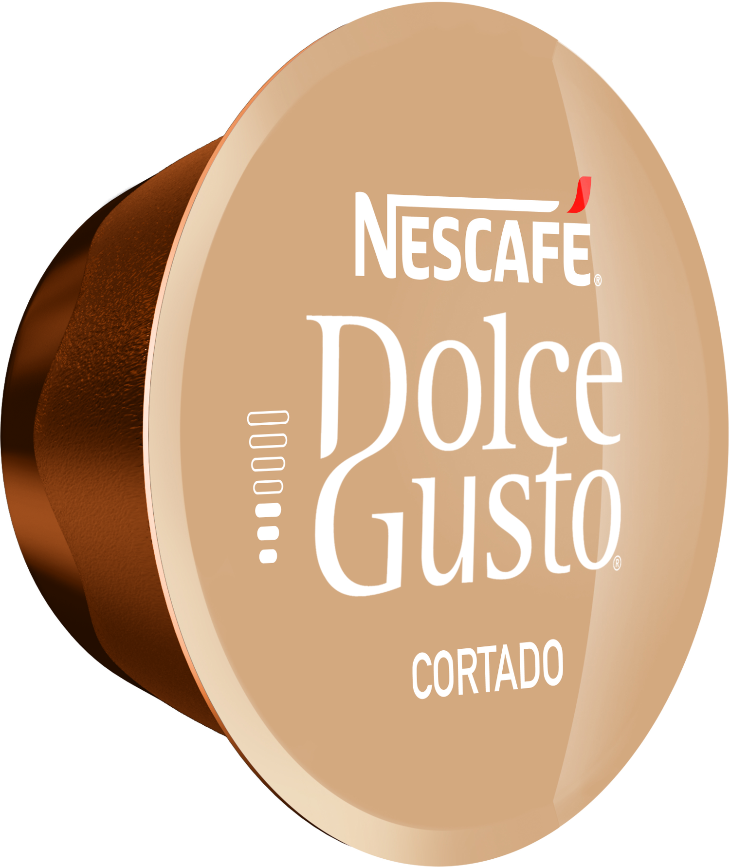 Une capsule de café avec 'NESCAFÉ Dolce Gusto CORTADO' écrit dessus.