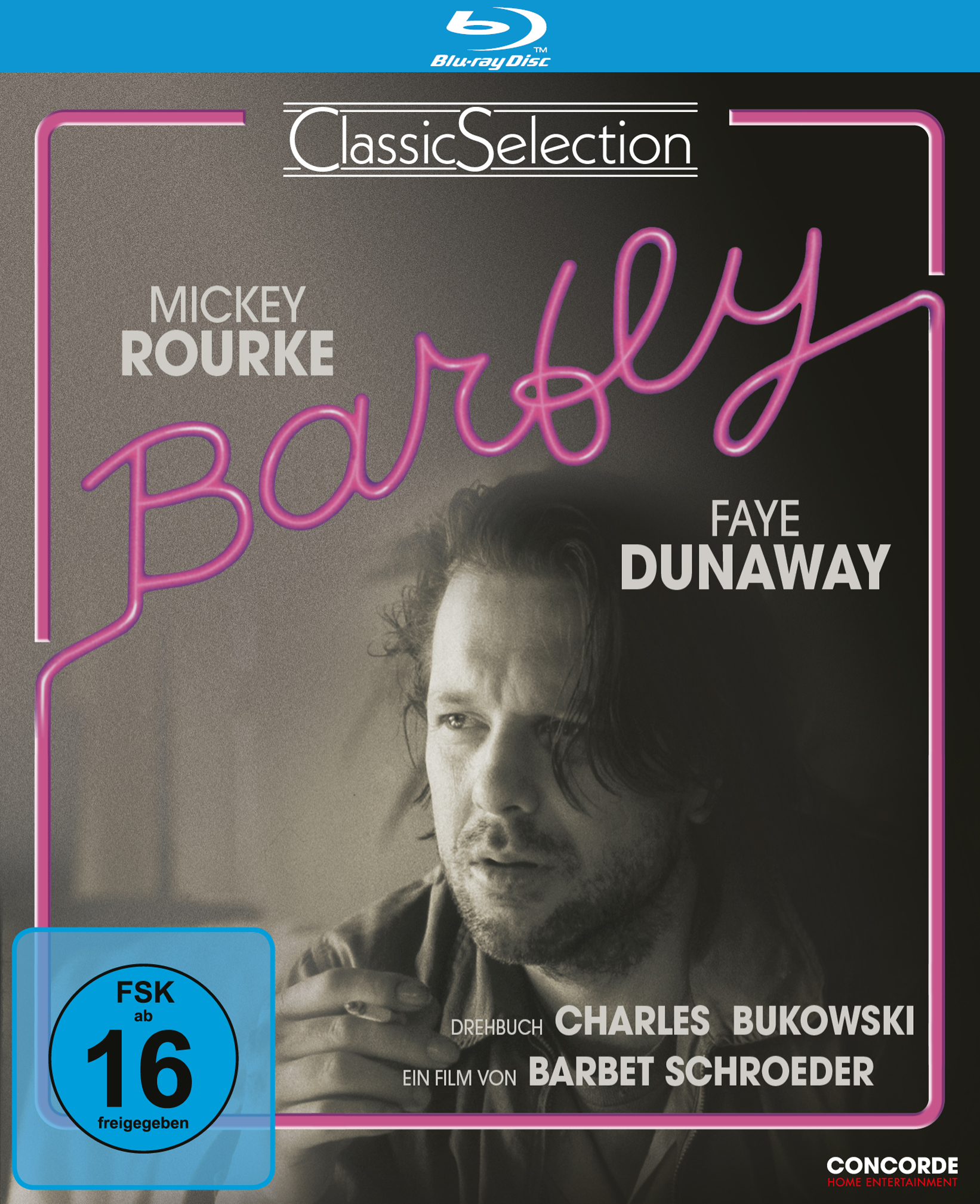 Blu-ray-Cover von Barfly. Mickey Rourke und Faye Dunaway. Pinker Neon-Titel.
