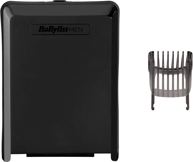 Schwarze BaByliss Men Rasierer-Tasche und Trimmkamm. Weißer Hintergrund.