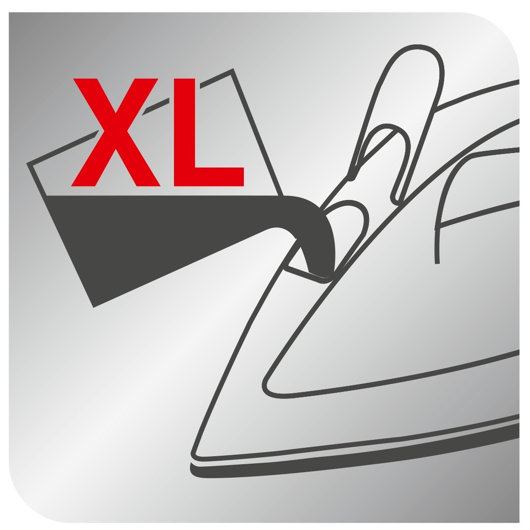 Ein XL-Etikett mit den Buchstaben 'XL' in Rot über einer schwarzen Umrandung, die ein Produkt darstellt.