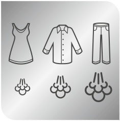 Strichzeichnung von Kleidung. Ein Kleid, ein Hemd und eine Hose sind abgebildet, mit Dampf-Symbolen.