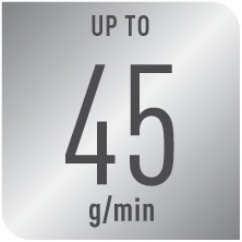 Ein graues Quadrat mit dem Text 'UP TO 45 g/min' in Schwarz. Weißer Hintergrund.