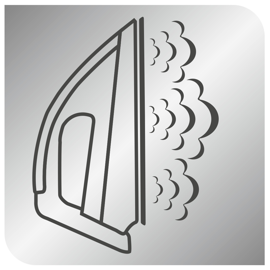 Bügeleisen-Symbol mit Dampf. Das Bügeleisen ist grau. Weißer Hintergrund.