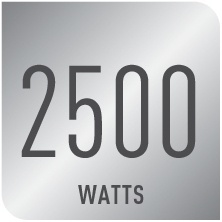 Ein silbernes Quadrat mit der Zahl 2500 und dem Wort WATTS darunter.