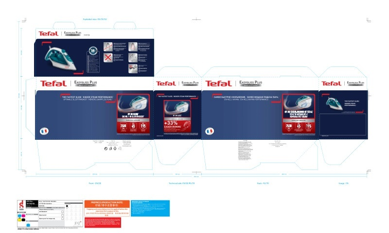 Tefal Exclusiv Plus Bügeleisenbox mit Produktdetails, weißer Hintergrund, mehrere Ansichten.