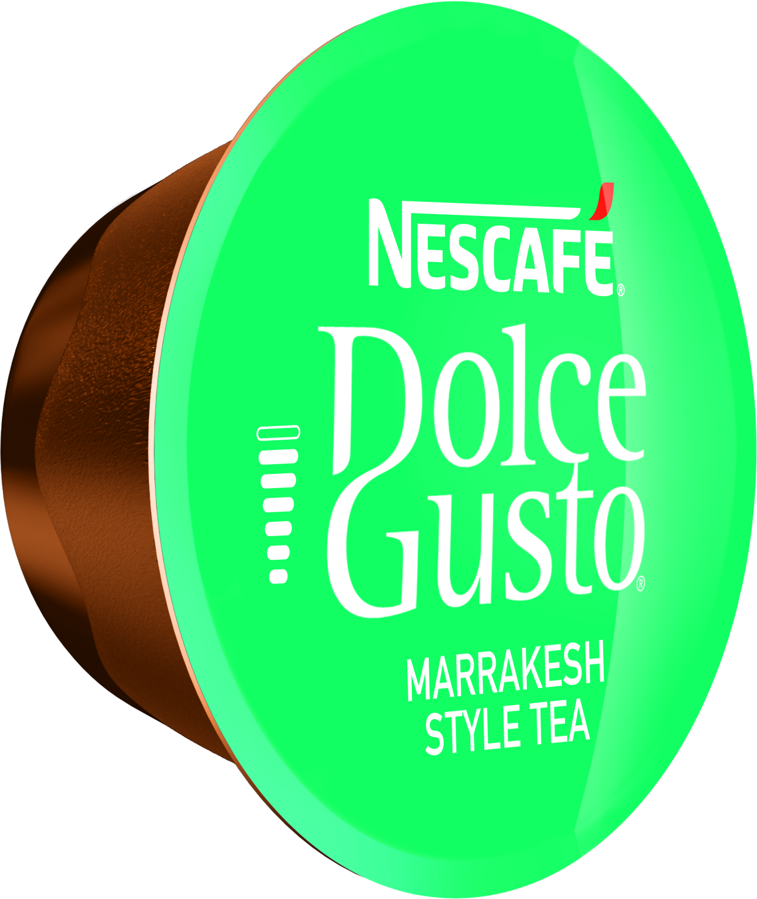 Capsule de café Nescafe Dolce Gusto, verte et marron, avec le texte 'Marrakesh Style Tea'.