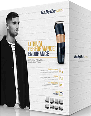 Scatola di tagliacapelli BaByliss MEN. Fronte mostra un uomo e le caratteristiche.