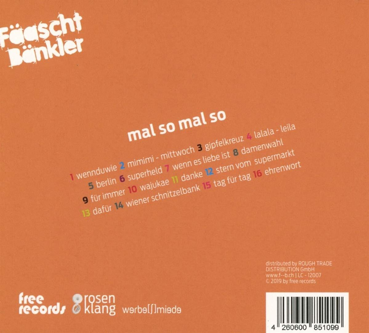 Oranger Buchumschlag mit weißem und schwarzem Text. Der Titel lautet 'mal so mal so'. Enthält einen Barcode.