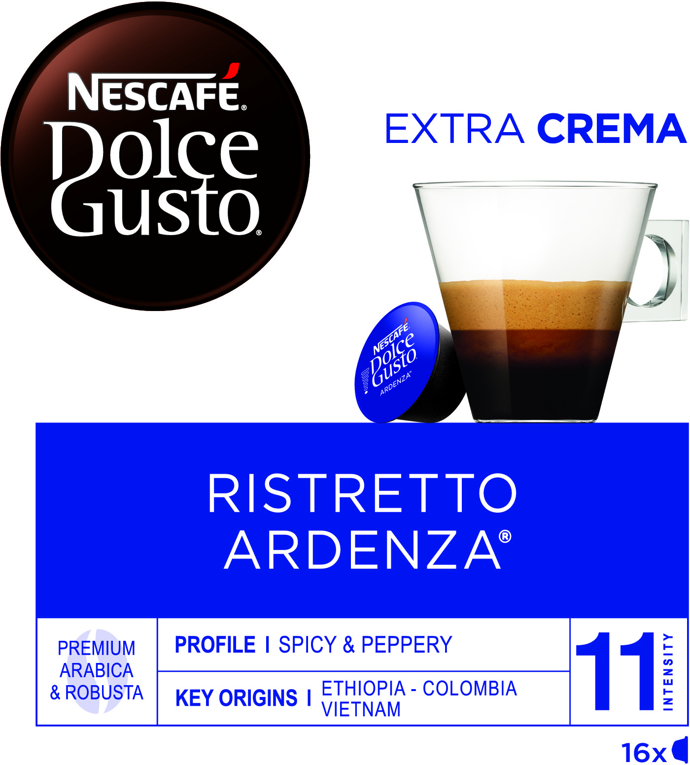 Capsule de café Nescafe Dolce Gusto avec café et crème dans un verre.