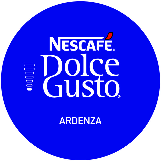 Capsule de café Dolce Gusto bleue avec texte et logo blancs sur fond bleu.