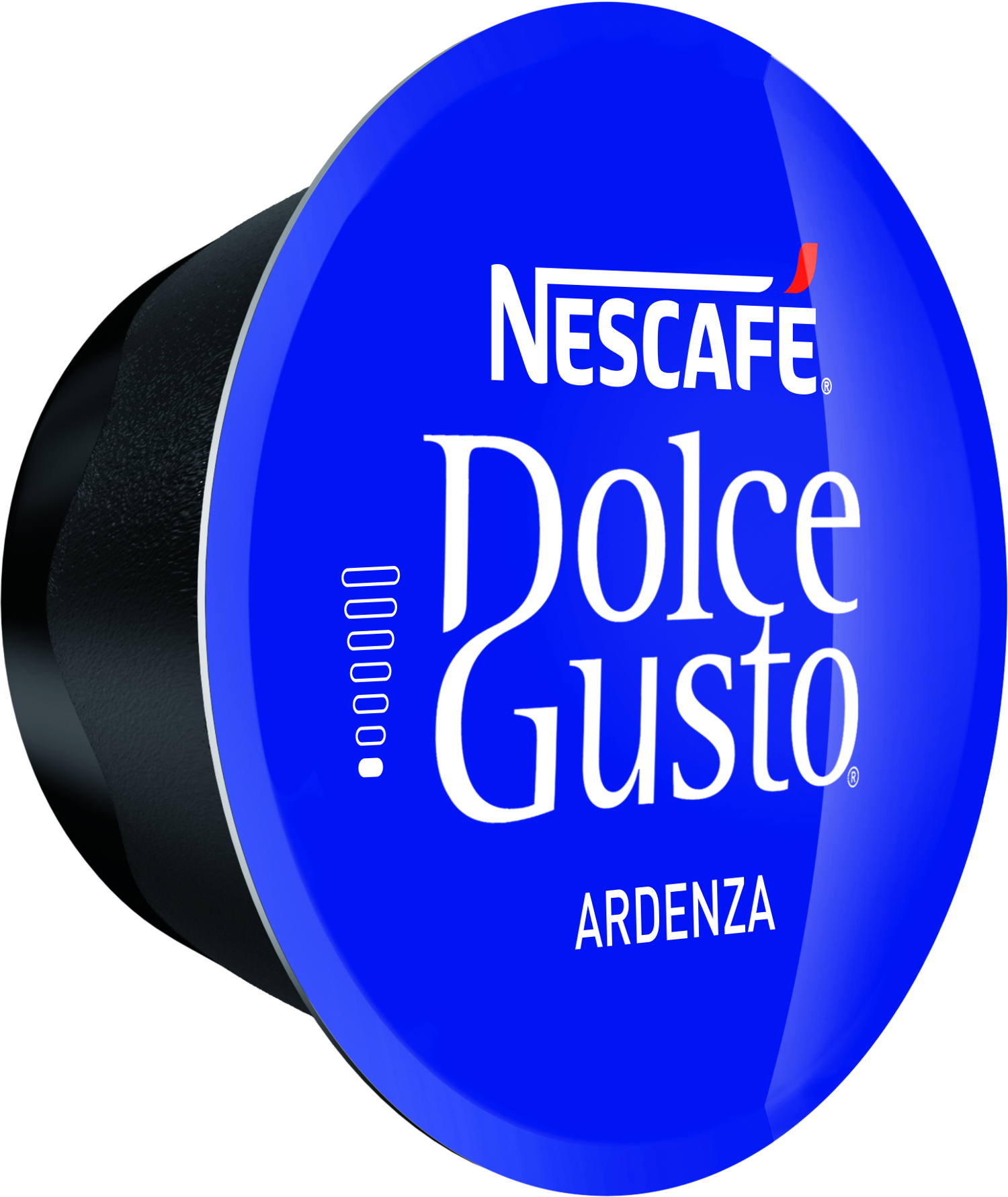 Capsule Dolce Gusto Ardenza, bleu avec texte blanc, base noire.