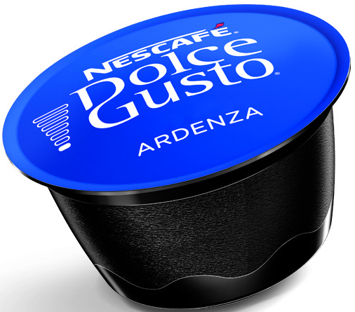 Une capsule de café Dolce Gusto bleue et noire. La capsule est sombre avec le nom de la marque.