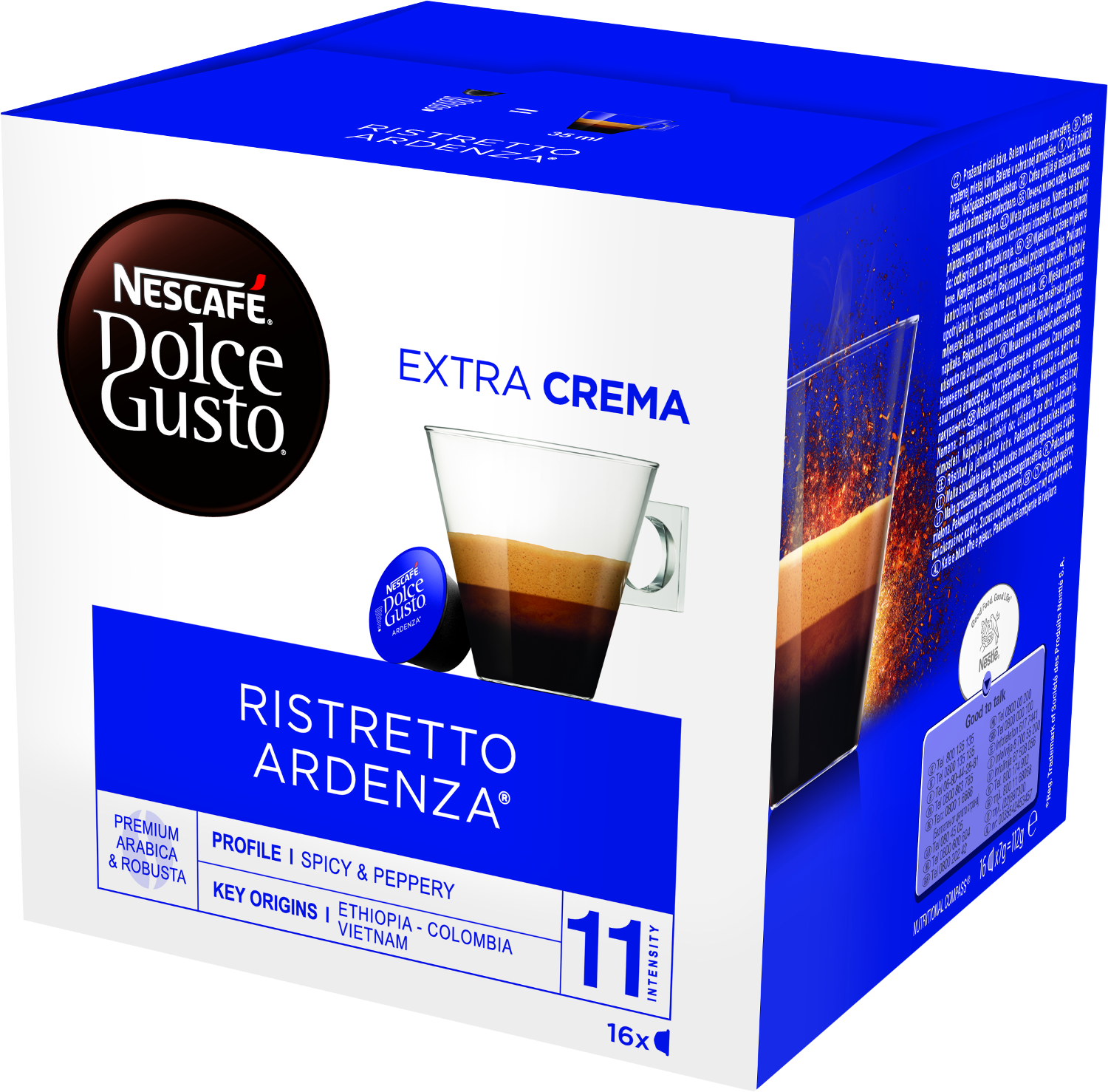 Boîte de capsules de café Nescafé Dolce Gusto, avec une tasse en verre de café en couches.