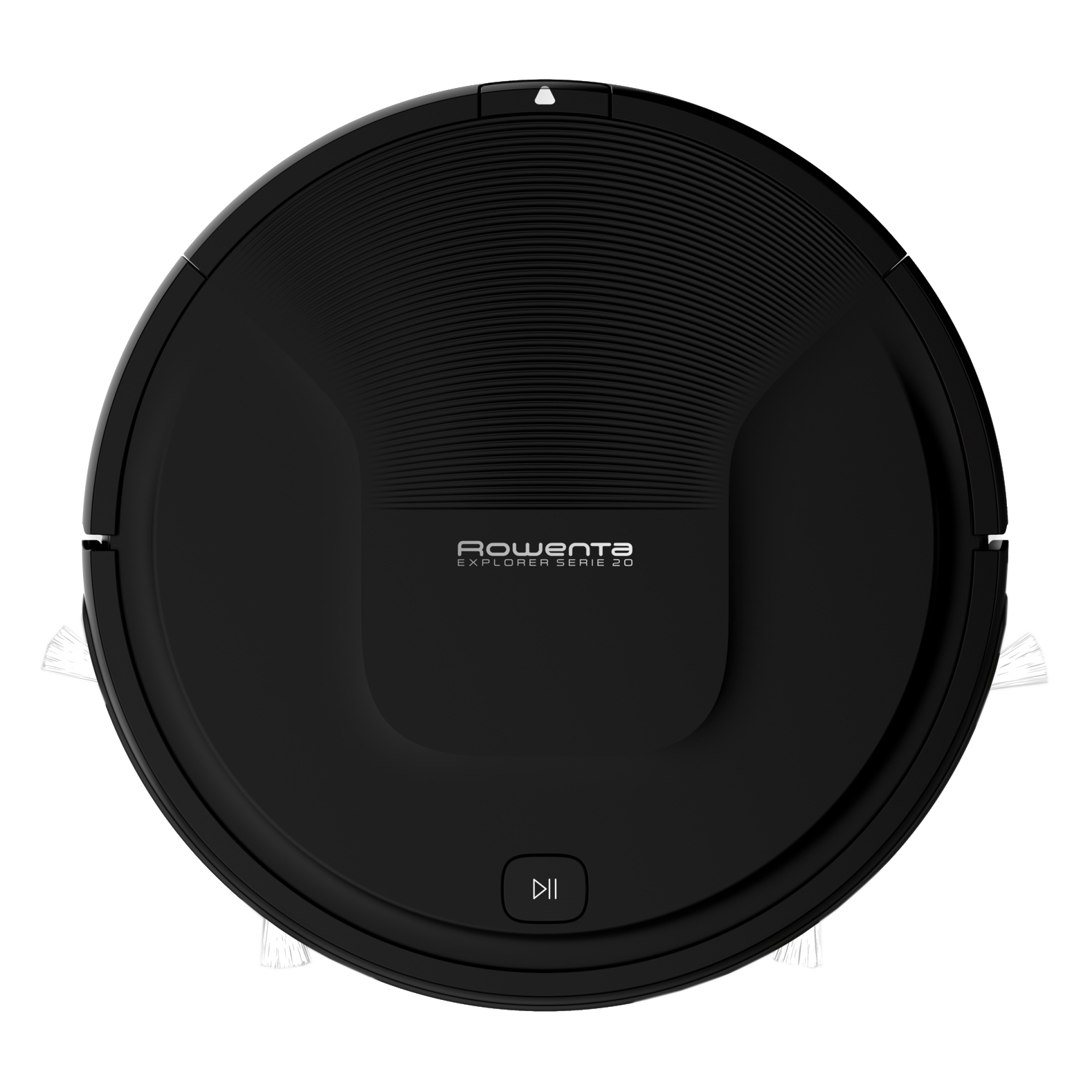 Schwarzer Roboter-Staubsauger mit runder Form und der Aufschrift 'Rowenta Explorer Series 90'.