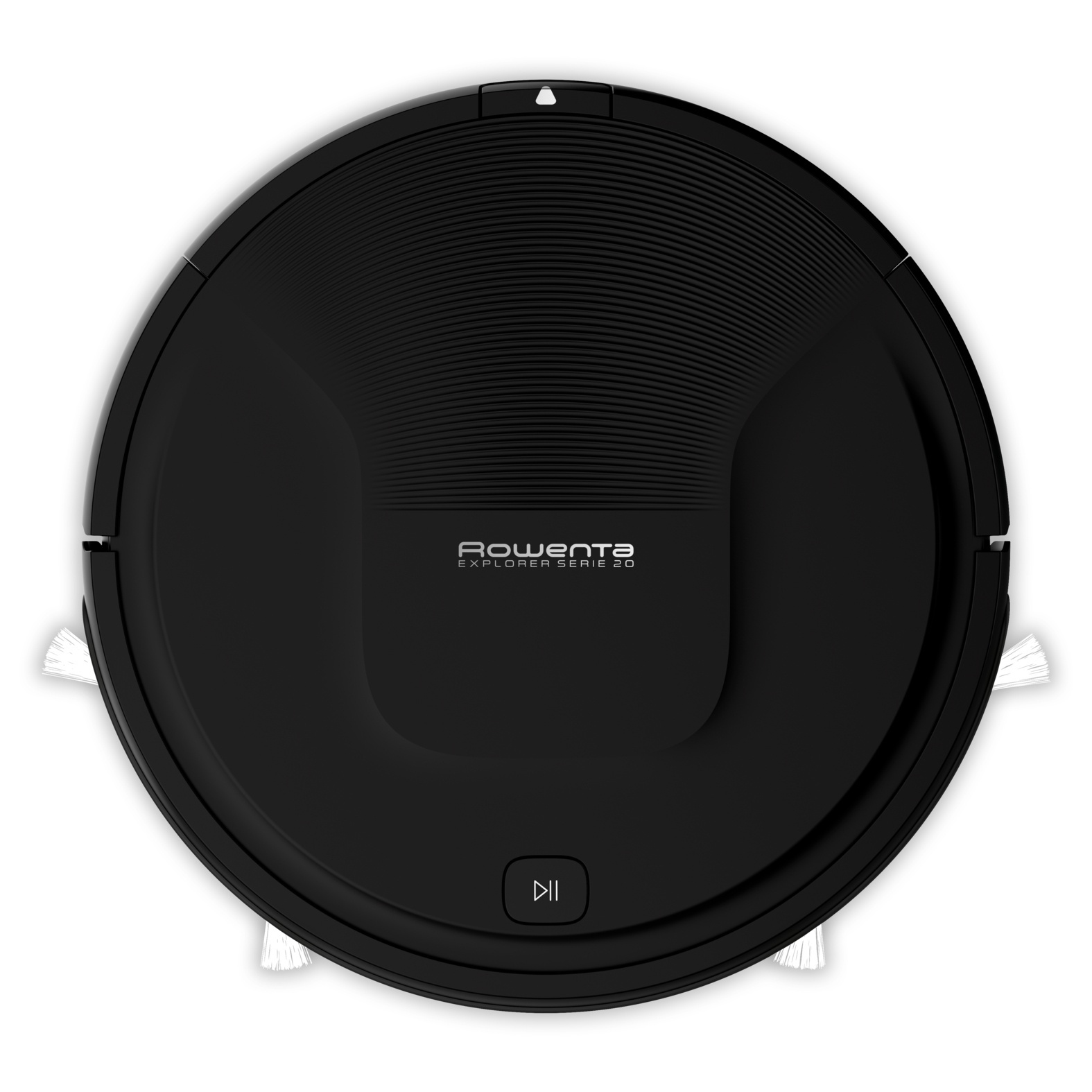 Ein schwarzer Roboter-Staubsauger Rowenta Explorer Series 90. Er hat eine runde Form.