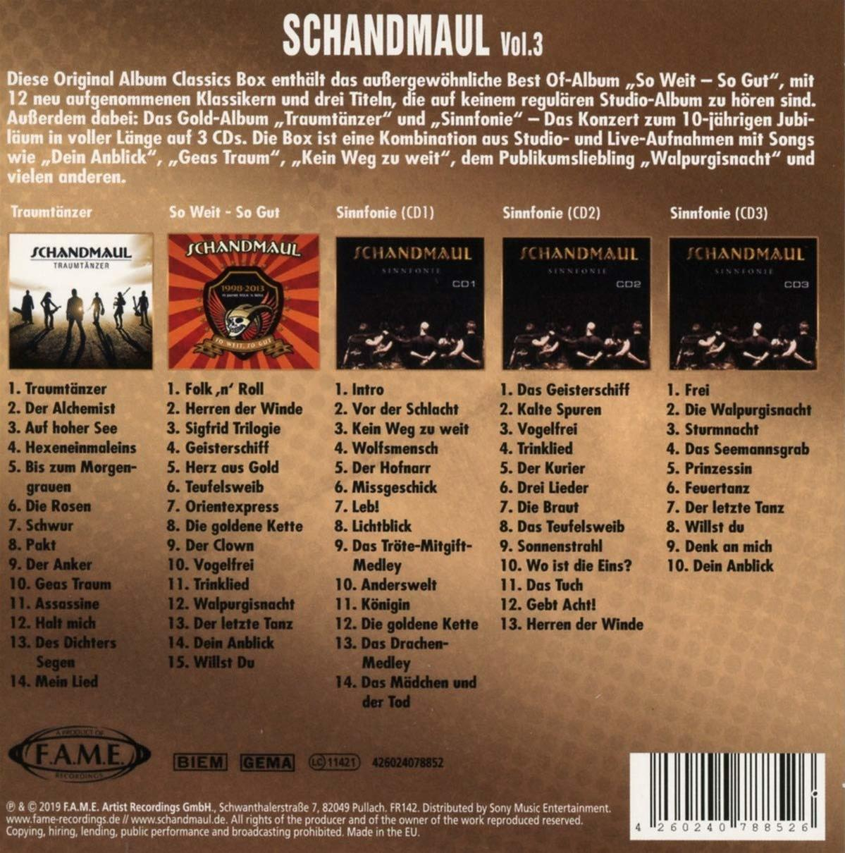 CD-Box-Set-Cover mit verschiedenen Albumcovern und Text. Enthält 'Schandmaul' und 'So weit so gut'.