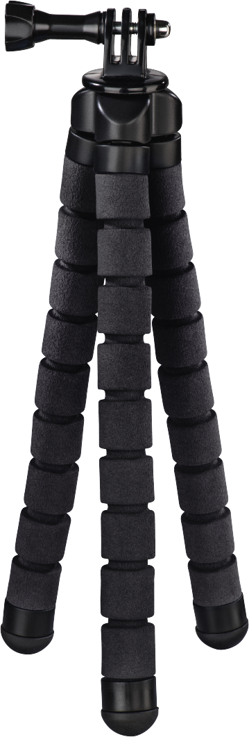 Ein schwarzes Stativ mit flexiblen Beinen und einer Kamerahalterung oben.