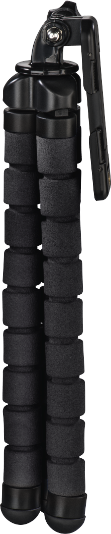Schwarzes Stativ mit Schaumstoffgriffen. Mehrere Abschnitte und Kugelkopf.