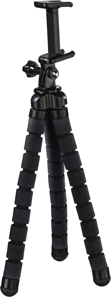 Schwarzes, flexibles Stativ mit drei Beinen. Die Beine haben segmentierten Schaumstoff. Oben ist eine Handyhalterung.