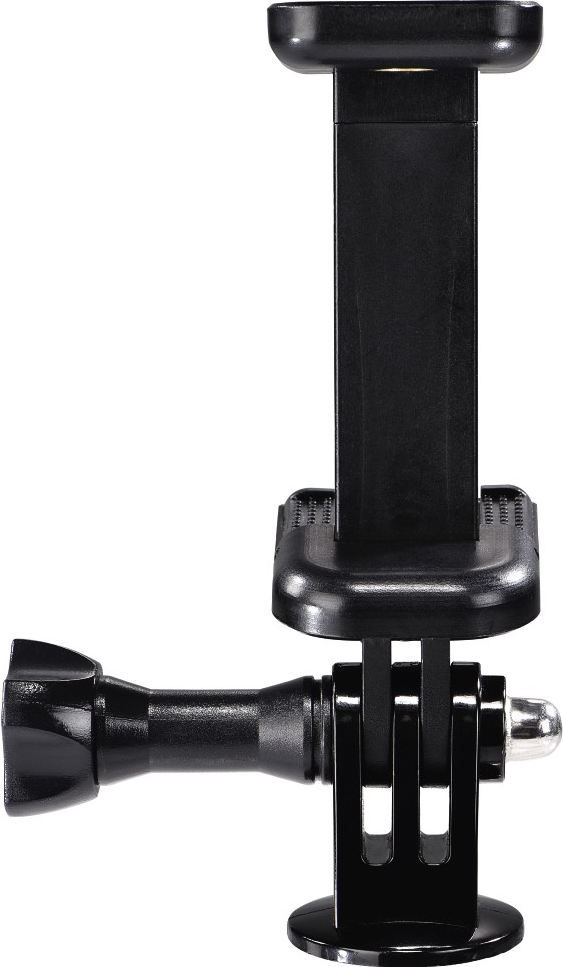 Ein schwarzer Telefonhalter mit GoPro-Halterung und Telefonklemme.